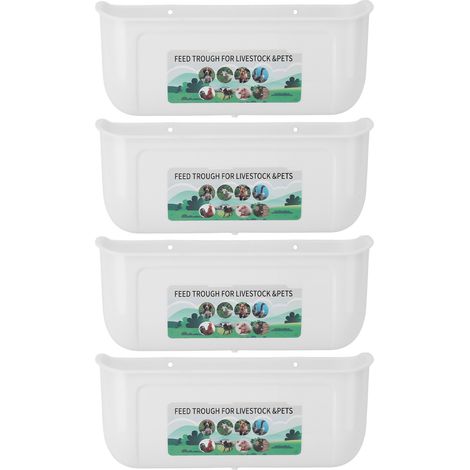Lot de 4 mangeoires géantes avec clips de fixation pour clôture, idéales pour nourrir les poules, les chèvres, les canards et les oies. Abreuvoir/seau blanc. (1/5)