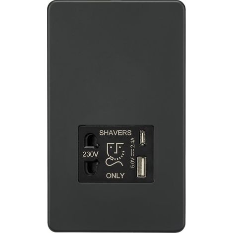 Prise compatible avec rasoir et deux ports USB A+C (5 V CC 2,4 A partagés) - Gris anthracite - SF8909AT (1/5)