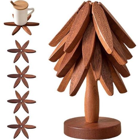 Dessous de Plat Bois Noyer 4pcs, Forme Arbre Pliable Cuisson Chaude (1/5)
