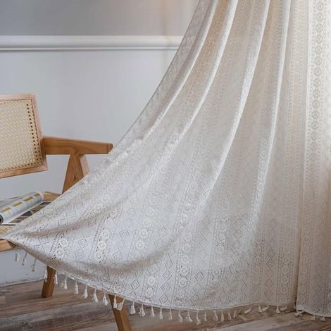 Rideaux en dentelle crochetée, voilages à pompons, style bohème, pour salon ou chambre. (1/4)