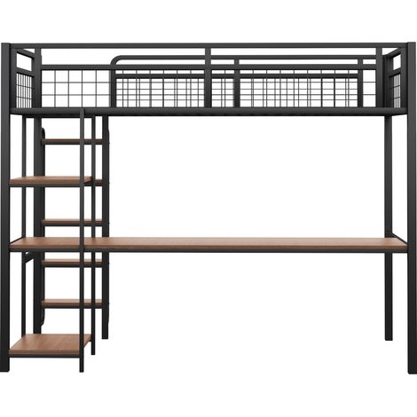 Cama alta de metal negro 90 x 200 cm con escalera, escritorio y estanterías (1/5)