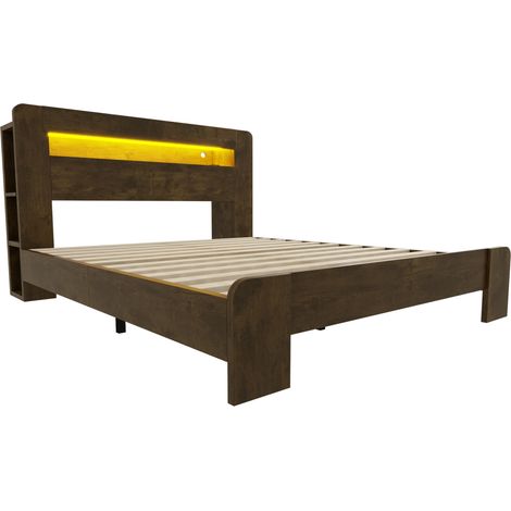 Cama plataforma de madera 140 x 200 cm con almacenaje, LED y enchufes integrados (1/5)