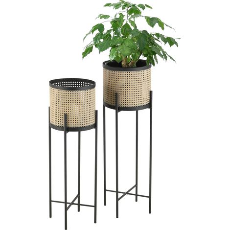 Set di 2 Portavasi in Metallo Supporto Nero con Coprivaso Cilindrico in Color Sabbia - Portapiante in 2 Misure Diverse