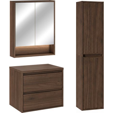 Waschtischunterschrank-Set 60 cm mit Hochschrank und Spiegelschrank Edmé dunkles Holz (1/5)