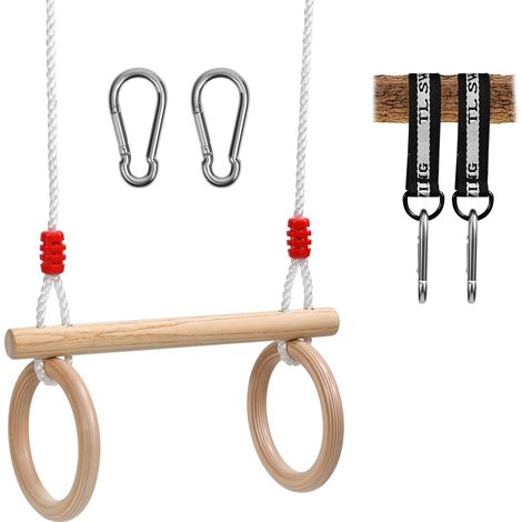 Balançoire Extérieure en Bois, Balançoire à Suspendre pour Enfant Et Adulte Chargé Maximum 50kg,Anneaux de Gymnastique en Bois,équipement de Gymnastique intérieure et extérieure pour Enfants