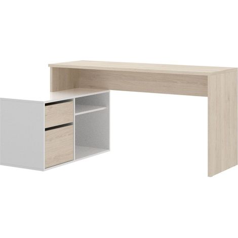Bureau angulaire coloris naturel/blanc brillant - Longueur 139 x Profondeur 92 x Hauteur 75 cm -PEGANE- (1/5)