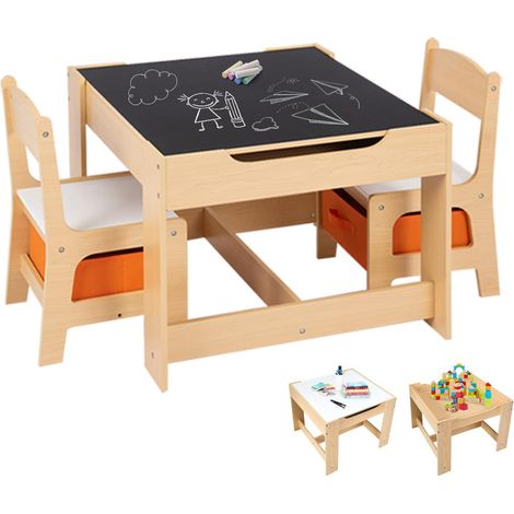 Costway – Ensemble table et 2 chaises enfants 3 en 1 – Table d'étude et à dessin – Rangement intégré – MDF P2 durable – Dimensions 60x60cm