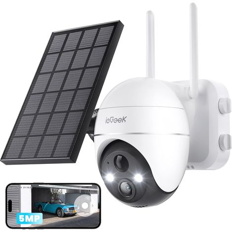 Iegeek – Caméra de surveillance extérieure 5MP WiFi sans fil – Vision nocturne couleur jusqu'à 15m – Alimentation solaire – Détection humaine AI – IP65
