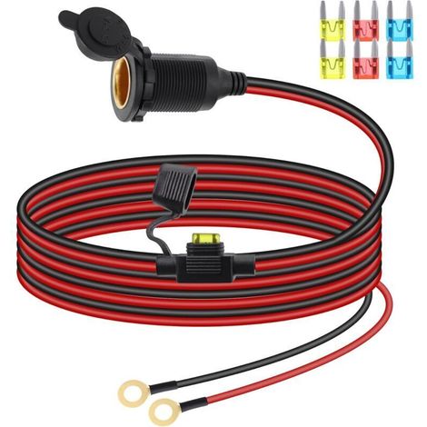Câble de Rallonge pour Prise Allume-Cigare 12V/24V, Prise Femelle pour Allume-Cigare à Filetage Fixe vers Borne à Anneau en O, avec Couvercle étanche et Fusible 20A (3M) (1/4)