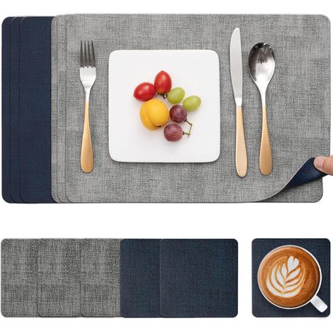 Tischsets Abwaschbar Kunstleder Rutschfest Grau Blau 6er Set (1/5)