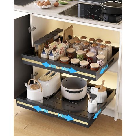 Set of 2 Kitchen Drawer Sliding Adhesive Storage Cupboard Black Extendable Telescopic Drawer (Width 30.5-51.5 cm) (1/5)
