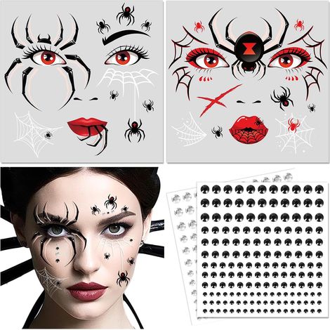 Tatouage Araignée pour Visage avec Strass Visage, Araignée Ephemere Tatouage Halloween Accessoires de Deguisement d'Halloween Maquillage pour Homme Femme Enfant Faux Tatouages (1/5)