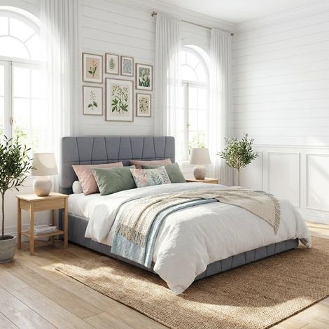Lit double avec tiroirs 160x200 cm, avec 4 tiroirs de rangement en fer, sommier à lattes, structure en métal, tissu velours, adapté aux adultes et adolescents, Gris (1/5)