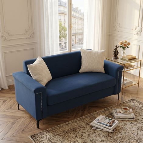 FX-P22EU-BU (SOFA 557-39) Divano minimalista a 2 posti in stile nordico: tessuto in morbido lino, robuste gambe in ferro, perfetto per piccoli soggiorni.