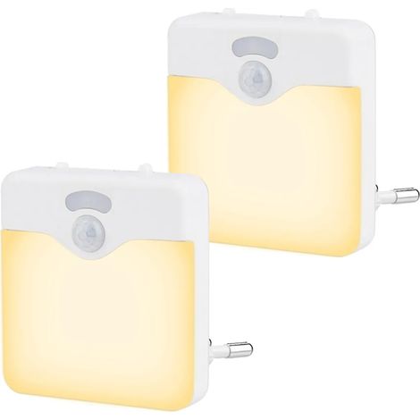 Lot de 2 veilleuses LED à brancher, à intensité variable, blanc chaud, avec détecteur de mouvement et capteur crépusculaire, pour escaliers, chambre, couloir. (1/5)