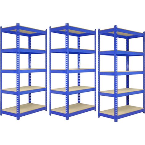 3 Estanterías Metálicas Azules Q-Rax Sin Tornillos 120x50x180cm de 5 Estantes Baldas Repisas Capacidad Peso 200kg por Estante Almacenamiento Almacenaje Herramientas Taller Garaje Cobertizo Almacén