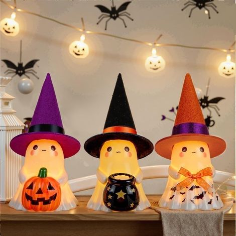 Halloween Figuren aus Kunstharz, niedliche Deko mit bunten Hüten – robust für die Herbst- und Gruselsaison (1/5)