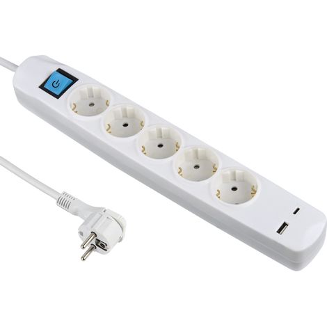 Multiprise 5 Prises Schuko avec Interrupteur + 2 USB 3,4 A 17 W (1 Type A + 1 Type C), câble 1,5 m/multiprise/Prise de Table - Fiche Extra Plate (1/5)
