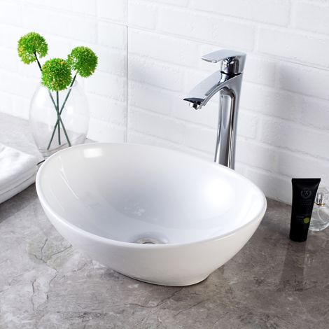 Geworzi Vasque à poser ovale en céramique blanche 40 x 33 cm – Résistante aux rayures et taches – Pour salle de bain moderne (1/5)