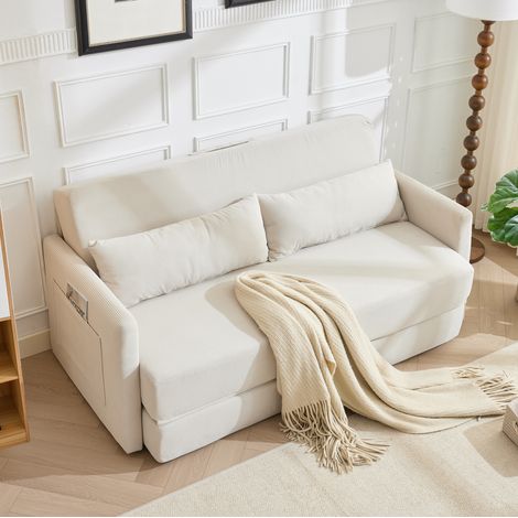Canapé-lit 2 places pliable en tissu côtelé 165 x 92 x 82 cm beige DESVIAE (1/5)
