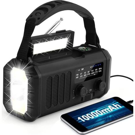 Solaire Portable 10000mAh, Radio d'urgence à manivelle,Radio AM/FM à Dynamo Rechargeable,IPX3,Alarme SOS, Lampe de Poche LED&Boussole pour Le campng Ourdoor,Urgence-Noir (1/5)