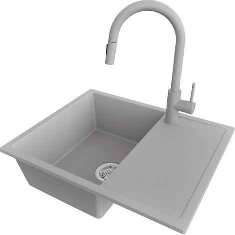 PRIMAGRAN Evier Cuisine en Granit 62x50cm,Lavabo 1 bac + Robinet 40x20cm + Kit de Vidage, Évier à Encastrer au meuble 45cm - Ibiza, Gris (1/5)