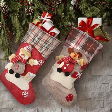 Chaussettes de Noël - - 3pcs - Père Noël, Bonhomme de Neige, Renne - Feutre épais, Jute (1/4)