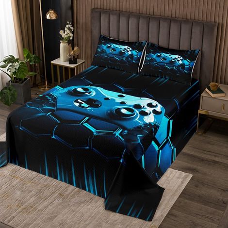 Jeux Couvre-Lit Garçons Bleu Jeux Dessus de Lit 260x240 Jeux Cellulaires 3D Couverture de Lit Bleu Géométrique Literie Filles Enfants Adolescents Cool Salle de Jeux Vidéo Décoration Literie - 260x240c (1/5)