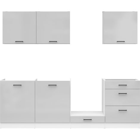 Cuisine complète 240 cm, Ensemble de meuble de cuisine coloris Blanc/Gris clair brillant, plan de travail non inclus (1/5)