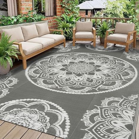 Tapis Exterieur Resistant Pluie Terrasse Barbecue Sol Grand Plastique Imperméable d'extérieur pour Jardin Balcon Salon Natte de Plage 150 x 245cm Gris (1/5)