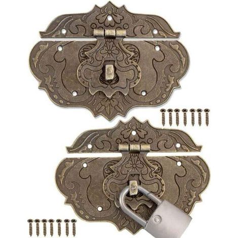 Set aus 2 Möbelverschlüssen im Antik-Stil aus Bronze-Eisen, Beschläge für Gardinenschlösser, Truhen und Kisten, Schieber, 96 x 72 mm, inklusive Schrauben (1/4)