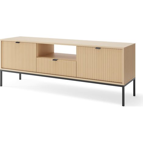 Meuble TV 154 cm, 1 tiroir, 2 portes, Chêne / Noir, poignées noires, 154 x 39 x 56 cm (1/5)