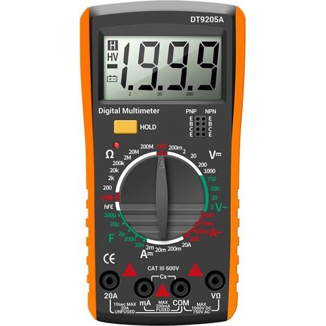 DT9205A Multifunktionsmultimeter, digitales AC/DC-Strom- und Spannungsmessgerät, Widerstands- und Kapazitätstester für den Heim- und Industrieeinsatz (Orange)
