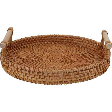 Obstkorb aus Rattan mit Griffen aus Massivholz – handgeflochtenes, rundes Serviertablett zum Anrichten und Aufbewahren