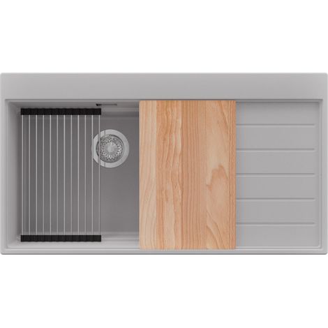 PRIMAGRAN Evier Cuisine en Granit 90x50cm,Lavabo 1 bac + Kit de Vidage + Accessoires, Évier à Encastrer au meuble 60cm - Sydney, Gris (1/5)