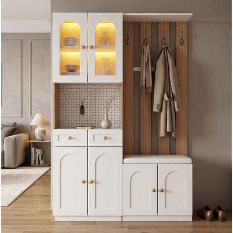 Guardaroba da ingresso in MDF bianco con 4 ganci, panca imbottita e LED integrato, design modulare reversibile con vetrina, 120 x 30 x 180 cm (1/5)