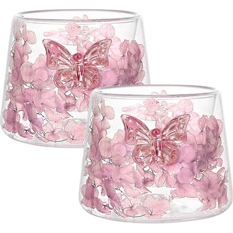 Juego de 2 Tazas de Café Doble Pared con Asa Mariposa Rosa, Vidrio Borosilicato Aislante – Ideal para el Hogar (1/5)