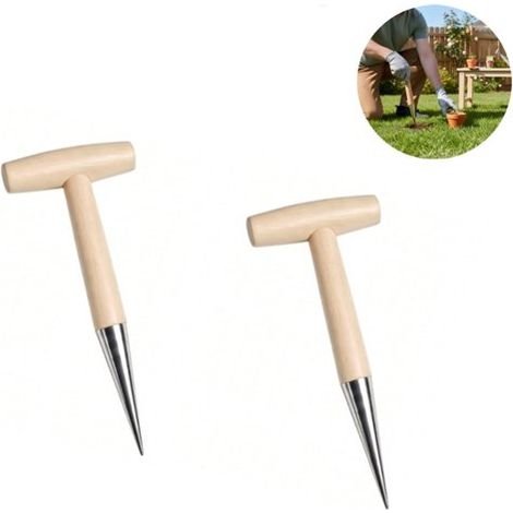 Seminatrice manuale in 2 pezzi con manico a T in legno per piantare bulbi da fiore, con tacche di profondità e punta in metallo può essere utilizzata per piantare (1/5)