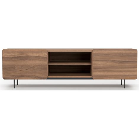 Mueble TV, colección BISCUIT, en melamina con 2 puertas y 2 estantes centrales abiertos. Nogal