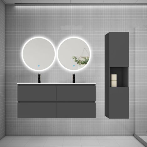 AICA Ensemble meuble double vasque L.120cm 4 tiroirs + lavabo + 2LED miroirs rond 60cm + colonne B,anthracite