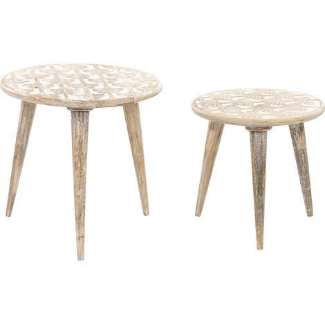 Conjunto de 2 mesas de madera de mango clara blanco hecho a mano desgastado Hursi (1/5)