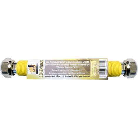 Tubo flessibile gas estensibile INOX 3/4'' 200 / 400 mm F/F giallo inox norma UNI 11353
