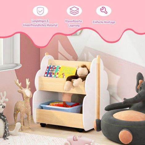 Bibliothèque en bois pour enfants avec roulettes universelles, étagère à jouets à 2 niveaux sur roulettes, blanc + naturel (1/5)