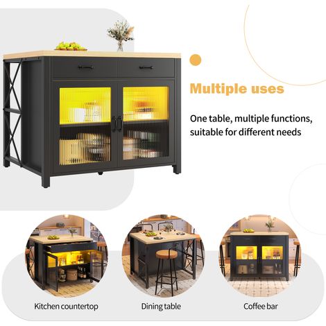 Îlot de cuisine avec bandeau lumineux LED. Table en bois pour les repas. Tablette à café. Conforme aux exigences des salles de séjour et des salons. Surface de travail dotée d’une structure en bois. P (1/5)