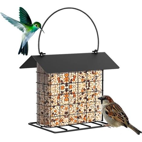 Mangiatoia per uccelli in metallo per palline di sego con tetto e piattaforma impermeabili, design sospeso per giardino, balcone e birdwatching, per palline di sego (1/5)