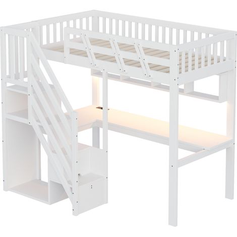 Lit en bois massif 90200, escalier avec armoire de rangement, avec bureau, prise USB et éclairage LED, lit enfant, lit adolescent, lit simple, cadre en bois massif, version haute, blanc