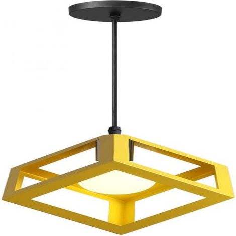 Suspension Cube - Plafonnier Métal Geometrique E27 - Pour Chambre Salon Restaurant - 16 cm - Jaune
