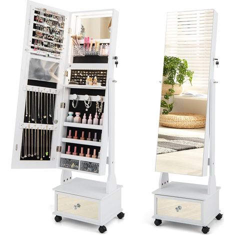 COSTWAY Armario para Joyas, Espejo Joyero de Pie Con Luces LED de 3 Colores, Espejo de Pie Cuerpo Entero con Cerradura, Cajón y 4 ruedas, Almacenamiento de Joyas Con Espejo de Maquillaje (Blanco) (1/5)