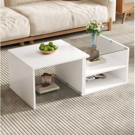 Mesa de centro 100/50/38 cm blanca con LED controlado por aplicación y estantes abiertos (1/5)