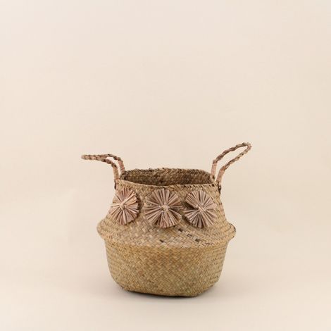 Panier en fibres naturelles avec pompons 31x27cm